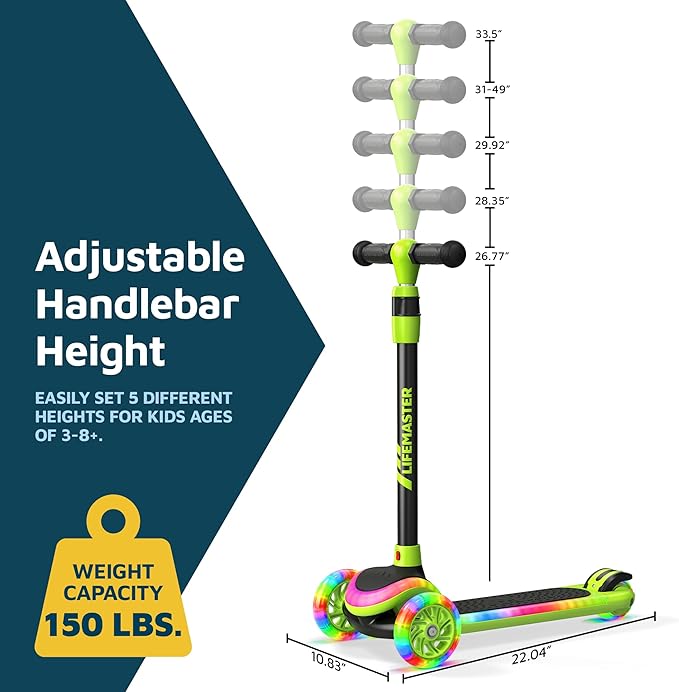 3-Wheel Kids Scooter with Multi-Color Lights on Deck & Wheels – 5-Height Adjustable Handlebar, Wide Anti-Slip Deck, Child Safety Certified, Boys & Girls Ages 3+ Supports Up to 150 lbs