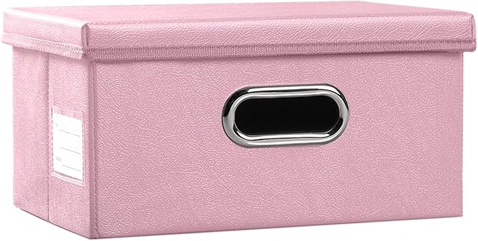PRANDOM Collapsible Storage Box with Lid [1-Pack] Leather Fabric Foldable Storage Bin Organizer Container Basket Cube with Cover for Home Bedroom Closet Office Nursery Pink (13.6x9.6x6.9)