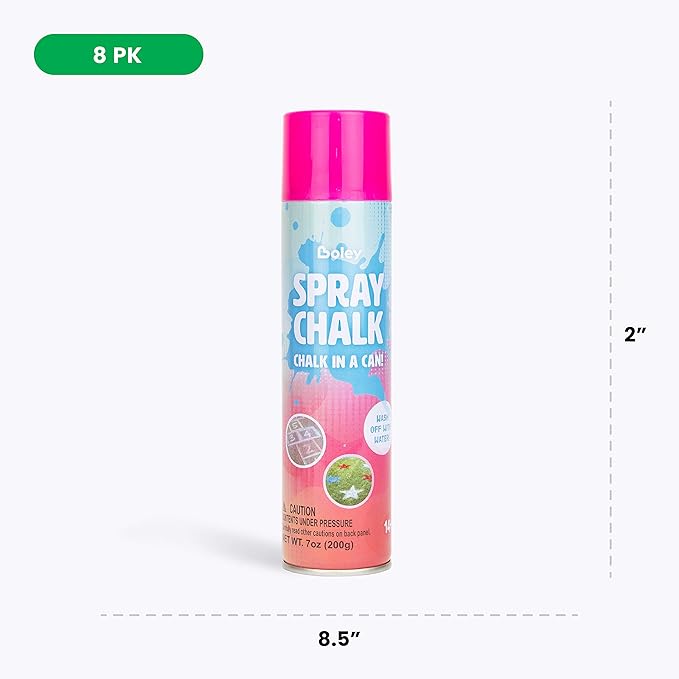 Boley Spray Chalk - 8 Pack Washable Sidewalk Chalk Spray Paint, 7 oz Each, Safe & Non-Toxic, Vibrant Colors for Outdoor Fun, Chalk for Asphalt, Grass, Snow, Sand, Concrete - Ages 14+