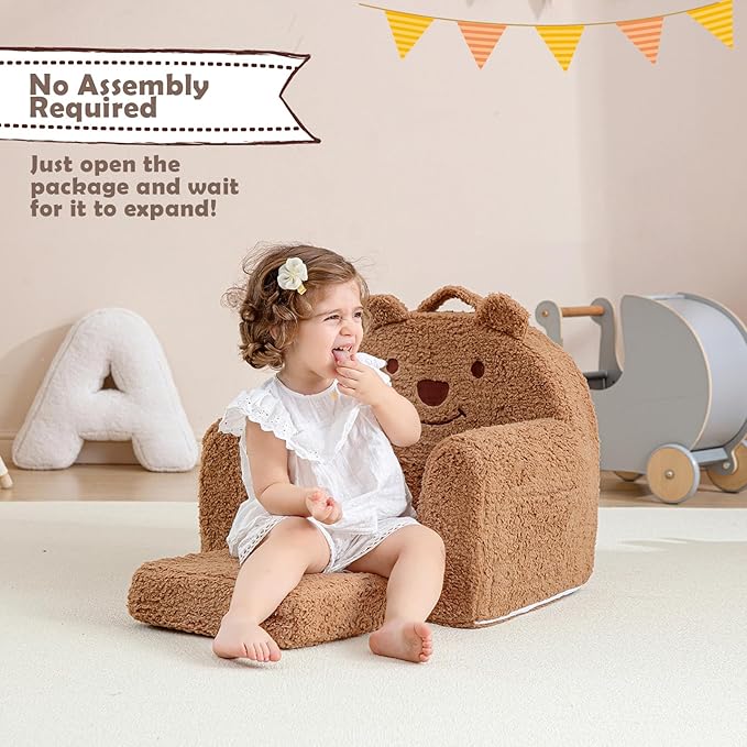 Toddler Chair,Sherpa Bear Kids Chair,Toddler Couch Fold Out,Children Reading Chair,Flip Out Kids Couch,Toddler Sofa Convertible for Age 1-3(Brown Bear)