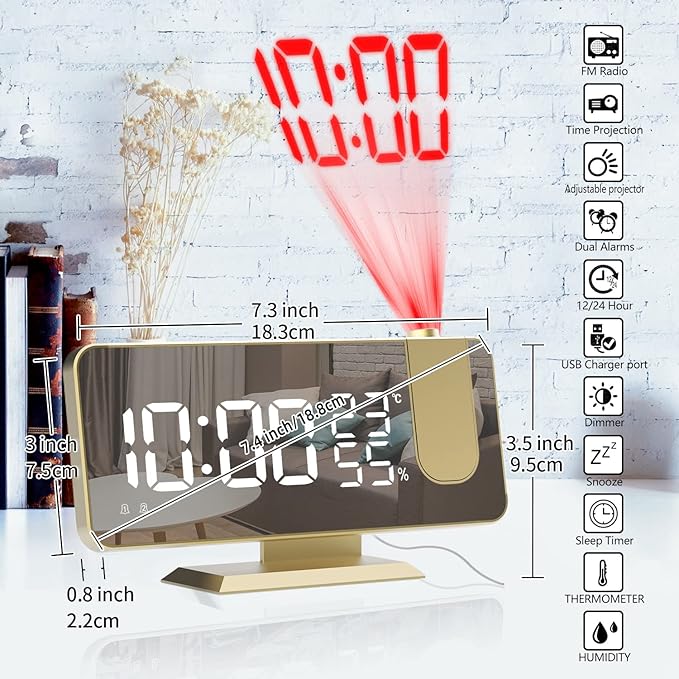 Projection Digital Alarm Clock for Bedrooms, Alarm Clock Radio on Ceiling, USB Charger Port, Temperature & Humidity Display, 7.3” Large Mirror LED Display,12/24H,Snooze,Dual Loud Clock- 4 Dimmer