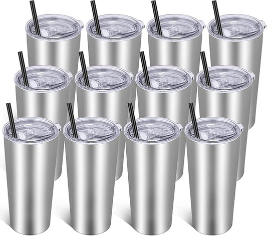 VEGOND 20oz Tumbler Bulk with Lid and Straw 12 Pack, Stainless Steel Vacuum Insulated Tumbler, Double Wall Coffee Cup Travel Mug, Stainless Steel