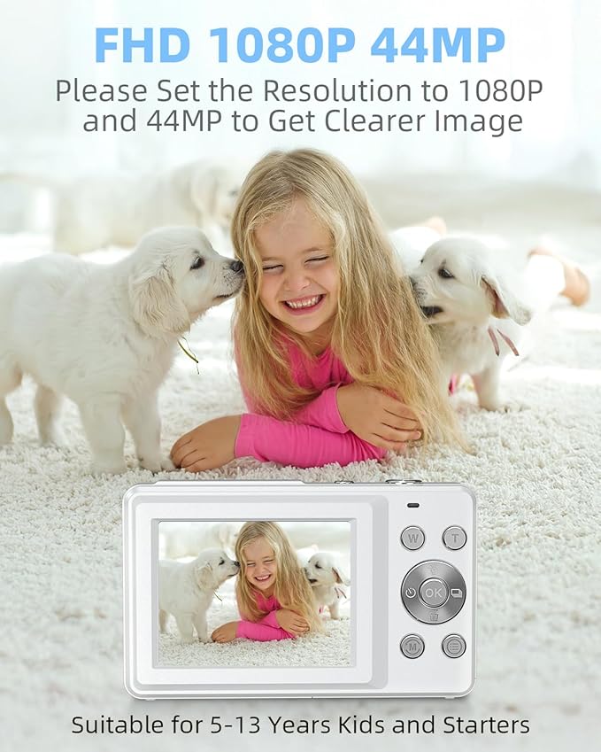 Digital Camera for Kids and Starters, FHD 1080P Point and Shoot Camera with 32GB Card 16X Zoom Anti Shake, Gift for Boys Girls Kids, White