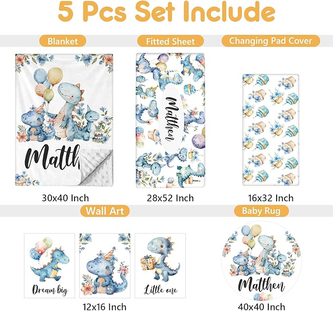 Custom Baby Crib Set - 5 Pcs Personalized Name Blue Dinosaur Crib Bedding Set for Infants Toddlers - Soft Double Layer Nursery Bedding Set for Boys - Customized Gifts for Baby Shower Birthday