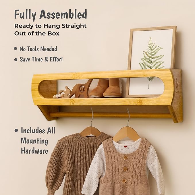 Bamboo Nursery Book Shelves, Fully Assembled For Easy Use - Set of 3 Floating Shelves for Wall Kids, Wall Mounted Book Shelves For Kids Room, Baby Room, Toddler Room, Nursery Decor, 16.5 Inch Natural