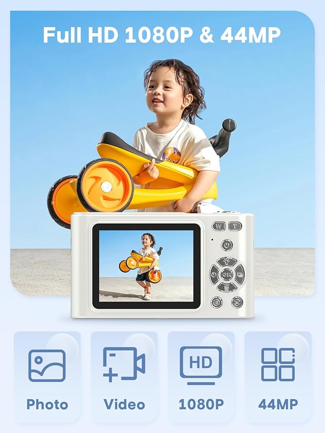 Digital Camera, 44MP Full HD 1080P Point and Shoot Camera with 64GB Card, Anti Shake 16X Zoom Compact Volg Cameras, Portable Small Camara Gift for Kids, Ages Teen Girl Boy - White