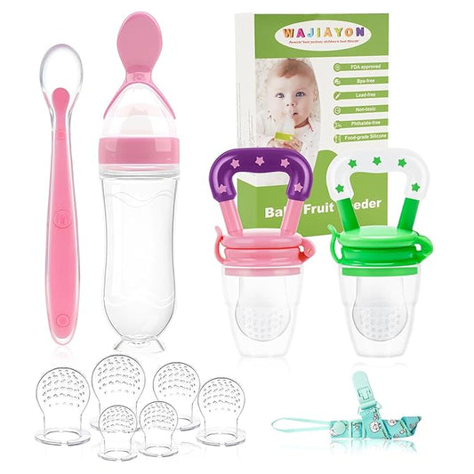 WAJIAYON Baby Fruit Feeder Pacifier - 5 Pack | 2 Mesh Infant Food Feeder Pacifier & 1 Baby Food Dispensing Spoon | Fresh Fruit Teethers for Babies |Shower Gifts for Boys and Girls (Pink & Green)