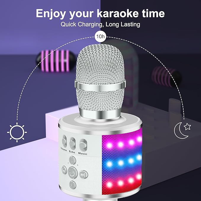 BONAOK Karaoke Microphone for Kids & Adults - Bluetooth Microphones Singing Mic with Disco Lights, Echo Effect, Built-in Speaker Portable Karaoke Player for Party Travel Gifts Q78(Silver)