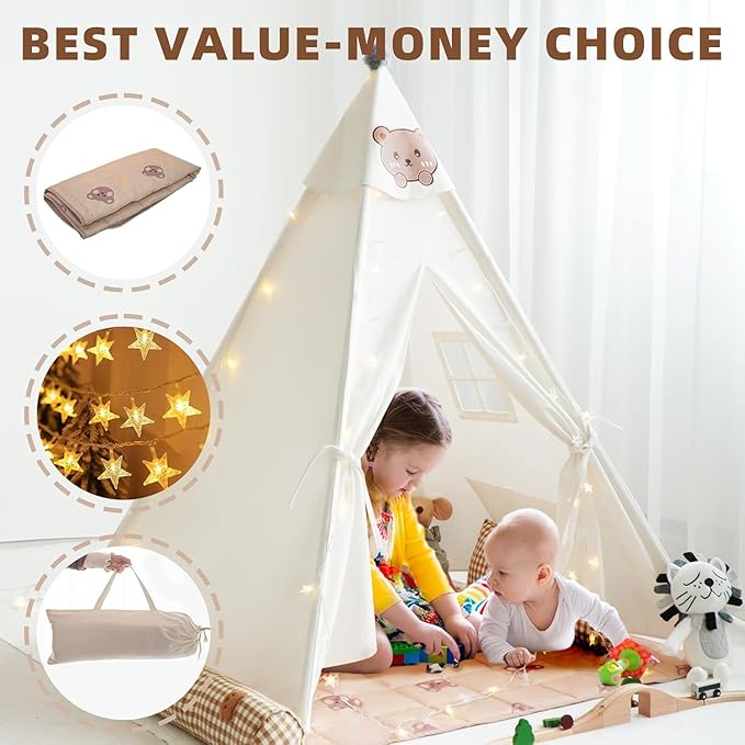 Teepee Tent for Kids-Portable Children Play Tent Indoor Outdoor (White with Mat)
