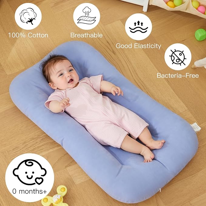 Baby Lounger for Newborn, Bionic Design Baby Lounger, Soft Organic Cotton Breathable Lounger for Infants 0-18 Months (Blue)