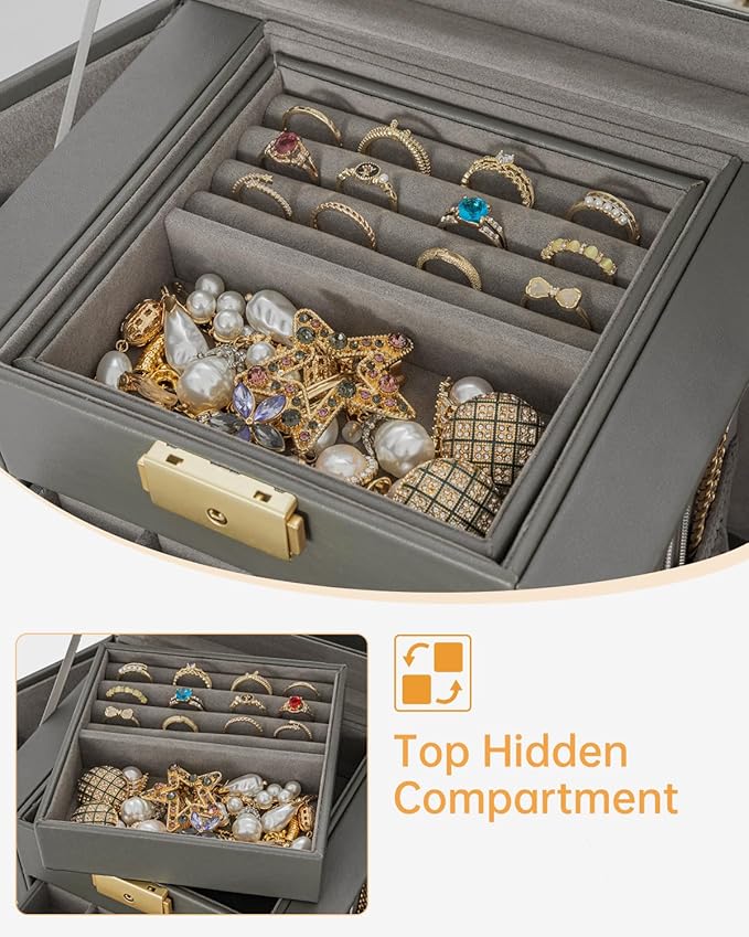 AKOZLIN 4-Tier Jewelry Box Leather Jewelry Storage Organizer with 3 Drawers Lockable for Women Girls Ring Necklace Earring Bracelet Holder with Mirror Dark Grey