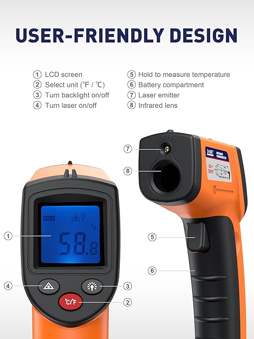 SMART JERRY - Infrared Thermometer Gun | Non-Contact Digital Temperature Gun with -58°F to 788°F Range for Cooking, HVAC | Industrial & Home Use | Instant-Read with Backlit Display