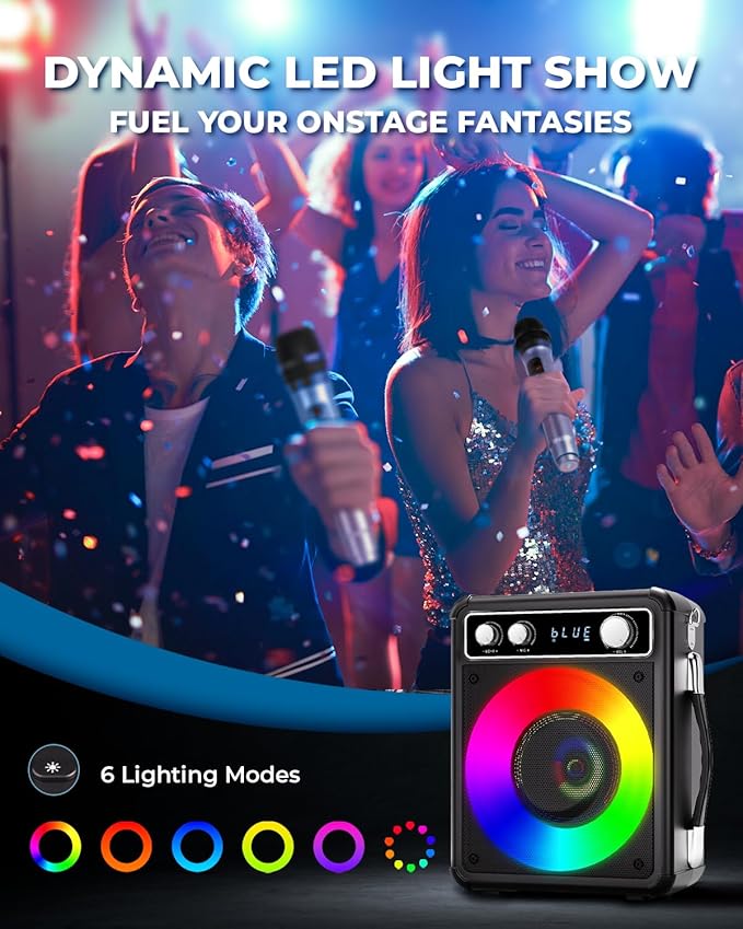 Karaoke Machine, Portable Bluetooth Karaoke Speaker with 2 Wireless Microphones, PA System for Adults Kids with LED Lights, Supports FM/AUX/USB/TF for Home Party