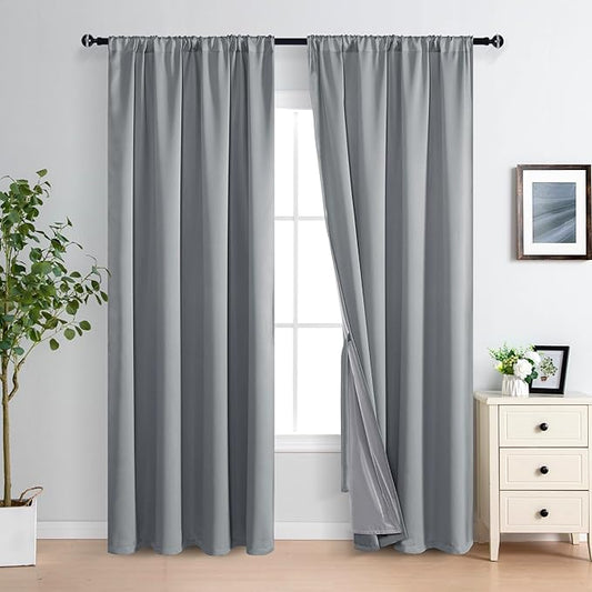 XWZO 100% Blackout Curtains 84 Inches Long with Tiebacks- Privacy Protection & Noise Blocking Window Draperies Rod Pocket with Black Liner for Bedroom/Living Room, Grey, W52 x L84, Set of 2