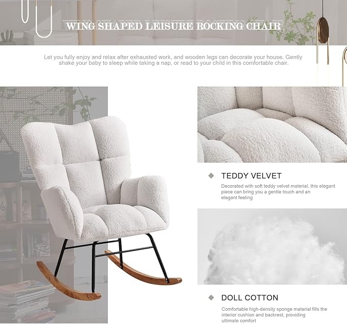 Nursery Rocking Chair, Teddy Upholstered Glider Rocker with High Backrest Armchair, Modern Rocking Accent Chairs for Nursery, Living Room, Bedroom, Offices (Ivory)