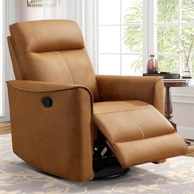 Swivel Rocker Recliner, Glider Rocking Chair, Nursing Chairs Swivel Glider Recliners with Soft Backrest, Leathaire Manual Reclining Sofa for Living Room Bedroom Apartment, Brown