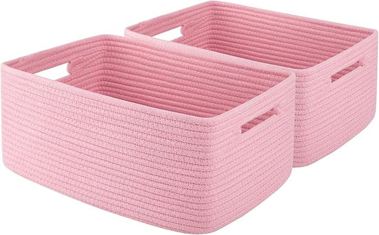 OIAHOMY Storage Basket for Shelves, Closet Cube Storage Bins Baskets for Clothes Blanket Towels, Baby Nursery, Toy Baskets Box, Woven Rope Basket, 15.75*11.81*7.09 IN, 2 Packs Pink