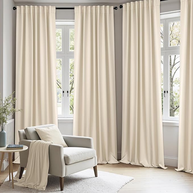 ANRODUO Back Tab Blackout Curtains for Bedroom Living Room, Rod Pocket Pinch Pleated Thermal Insulated Room Darkening Curtains 102 Inches Long 2 Panels, Cream Beige, 52 x 102 Inch