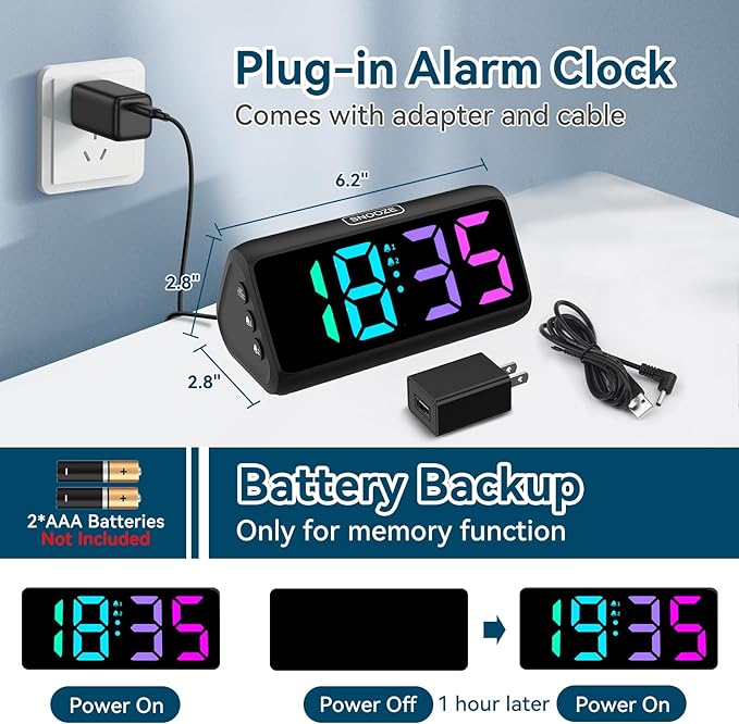 Netzu Loud Alarm Clock for Heavy Sleepers, RGB Alarm Clocks for Bedrooms Seniors Kids, Plug in Digital Clock with 5 Dimmers, 2 Alarms, 4 Volumes and Snooze
