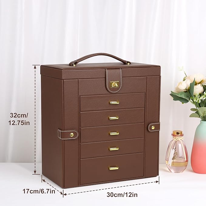 Kendal Extra Large Jewelry Box Jewelry Case PU Leather 6 Tier 5 Drawers Large Storage Capacity with Mirror Jewelry Storage Organizer Great Gift Also Good For Watches LJC-SHD5BN (Brown)