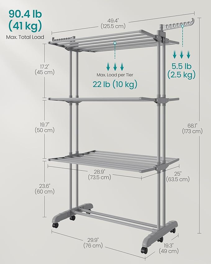 SONGMICS Clothes Drying Rack 4-Tier, Foldable Laundry Drying Rack 68.1-Inch Tall, Stainless Steel, Rolling Clothes Horses, Clothes Airer, Indoor Outdoor Use, Dove Gray ULLR703G01