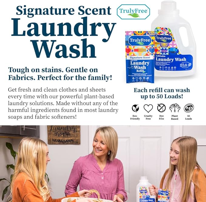 Natural Laundry Detergent for Sensitive Skin | Eco Friendly, Plant Based, Baby Clothes Safe | Clean & Easy Powder to Liquid, 4 Pack Refill Detergent, NO Jug | Signature Scent, 200 Loads