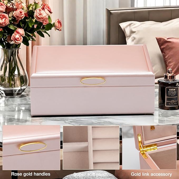 2-layer jewelry box，Jewelry Organizer with Handle，with hanging necklace hooks, detachable jewelry trays, suitable for storing a large amount of jewelry gift box (rose gold)