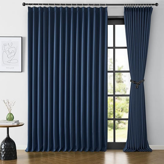 Navy Blue Blackout Pinch Pleated Curtains for Living Room, Aesthetic Bedroom Room Darkening Curtain 105 Inches Long 100" W x 105" L-2 Panels