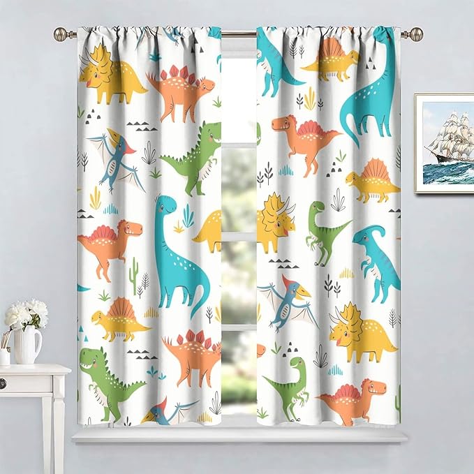 Kids Dinosaur Curtains for Boy Girl Bedroom Decor Cartoon Dino Colorful Cute Funny Animal Wildlife Printed Blackout Rod Pocket Window Drapes for Baby Nursery Playroom Living Room W21xL54in 2 Panels