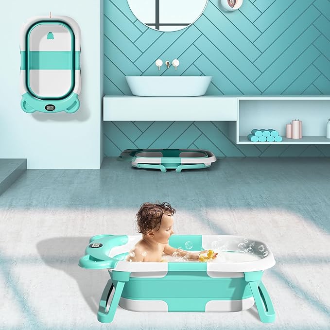 TPN Collapsible Baby Bathtub, Baby Bath Tub with Soft Cushion & Real-Time Thermometer, Baby Bathtub Infant to Toddler Tub (0-36 Months), Portable Newborn Travel Bath tub