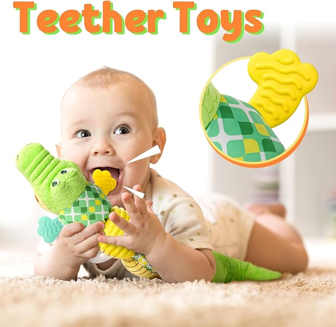 LIGHTDESIRE Baby Crocodile Musical Stuffed Animal, Infant Teething Toys with Ruler Design and Ring Bell, Suitable for Tummy Time, Newborn Boys & Girls 0-12 Months (Green)