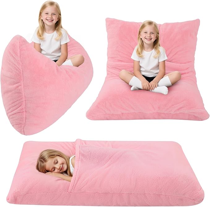 COMAX 3-in-1 Bean Bag Chair for Kids, Toddler Beanbag Bed, Convertible Child Floor Lounger, Floor Mattress with Filler for Girl Boy Sleeping Reading, Pink