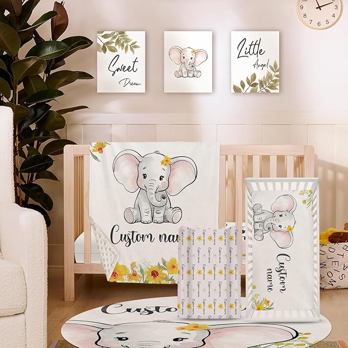 Personalized Nursery Crib Bedding Set: Yellow Floral Custom Name 5 Piece Baby Crib Sets with Elephant Theme - Toddler Double Layer Blanket Set, Comfortable Crib Bed Sheets for Baby Grils