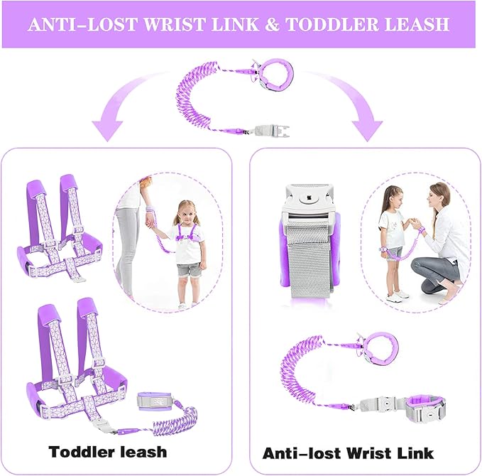 Toddler Leash for Walking, Toddler Safety Harnesses Leashes, Safety Harness with Lock for Kids, Anti Lost Wrist Link for Toddlers ，Upgrade with Reflective Tape Liner（6.5ft）for Kids