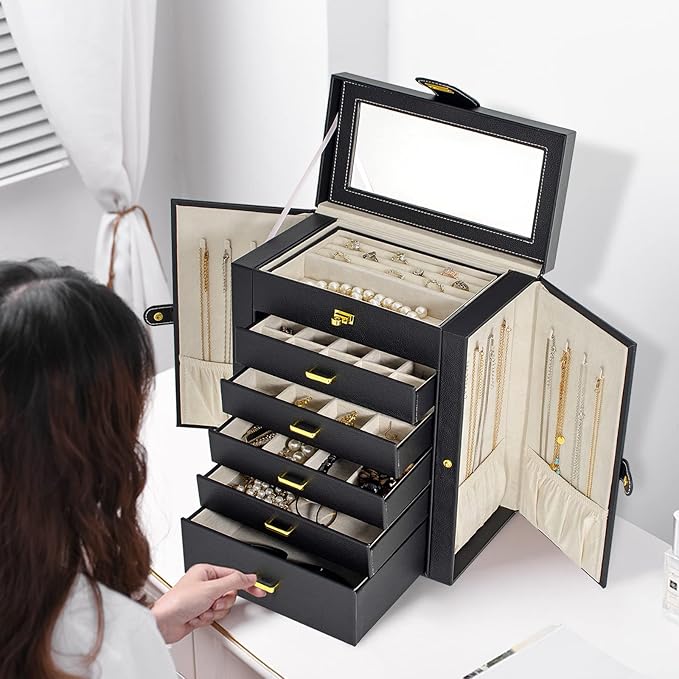 AKOZLIN Huge Jewelry Box Organizer Functional Lockable, Large Leather Jewelry Storage Case for Women Girls Ring Necklace Earring Bracelet Holder Organizer with Mirror