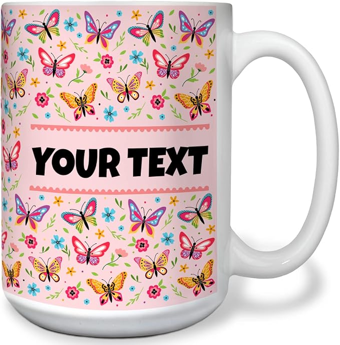 Personalized Mug for Kids - Butterflies - Custom Name/Text, Ceramic Hot Chocolate/Cocoa/Coffee Cup for Girls, Birthday/Christmas/Holiday Gift - 15 oz, White Handle