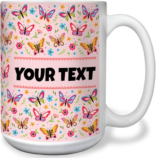 Personalized Mug for Kids - Butterflies - Custom Name/Text, Ceramic Hot Chocolate/Cocoa/Coffee Cup for Girls, Birthday/Christmas/Holiday Gift - 15 oz, White Handle