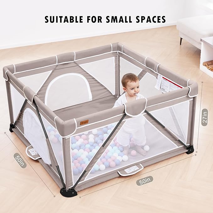 Baby Playpen Foldable, Playard for Babies and Toddlers, Portable Playpen Activity Center with 50 Balls+2 Handles for Travel, Indoor & Outdoor Play Pen with Mesh 50''x50''