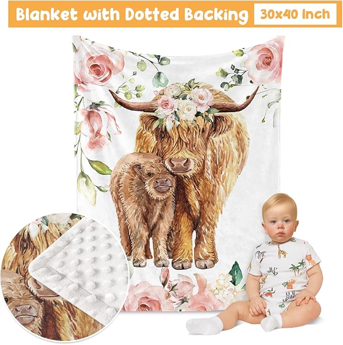 Baby Crib Bedding Set - Highland Cow Design Nursery Bed 3 Pcs Set - Chic Soft Blanket with Dotted Backing, Sheet, Pillowcase for Newborns Girls Boys Gifts Color01