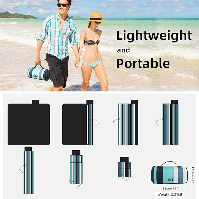 ZAZE Picnic Blankets Beach Blanket, 80''x80'' Extra Large Thick 3-Layers, Sandproof Machine Washable Waterproof Foldable Oversized XL Outdoor Mat, for Camping, Park, Travel, Grass(Blue White Stripe)