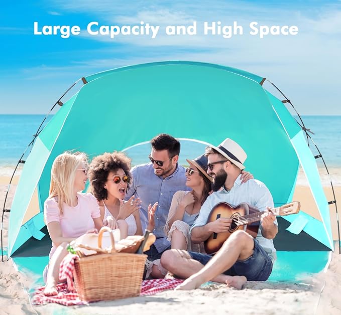 Beach Tent, Portable Sun Shelter for 2/3/4/6-8 Person with UPF 50+ UV Protection, Easy Setup Waterproof Beach Shade Canopy Cabana for Family Outdoor and Picnics, Fishing with Carrying Bag