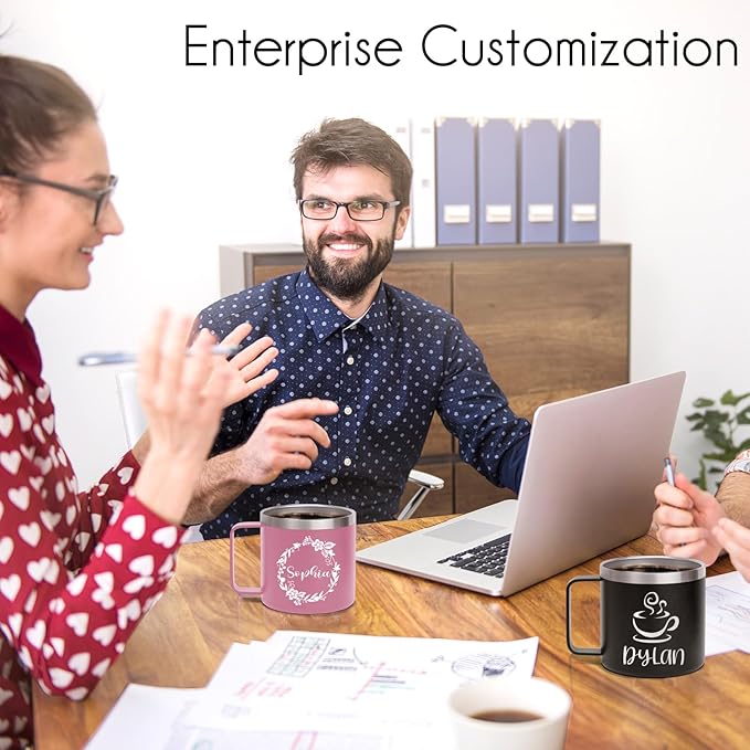 Custom Insulated Coffee Tumbler, Personalized Travel Coffee Mug with Handle and Lid, 14oz Engraved Stainless Steel Coffee Mug, Personalized Gifts for Women Men and Friends