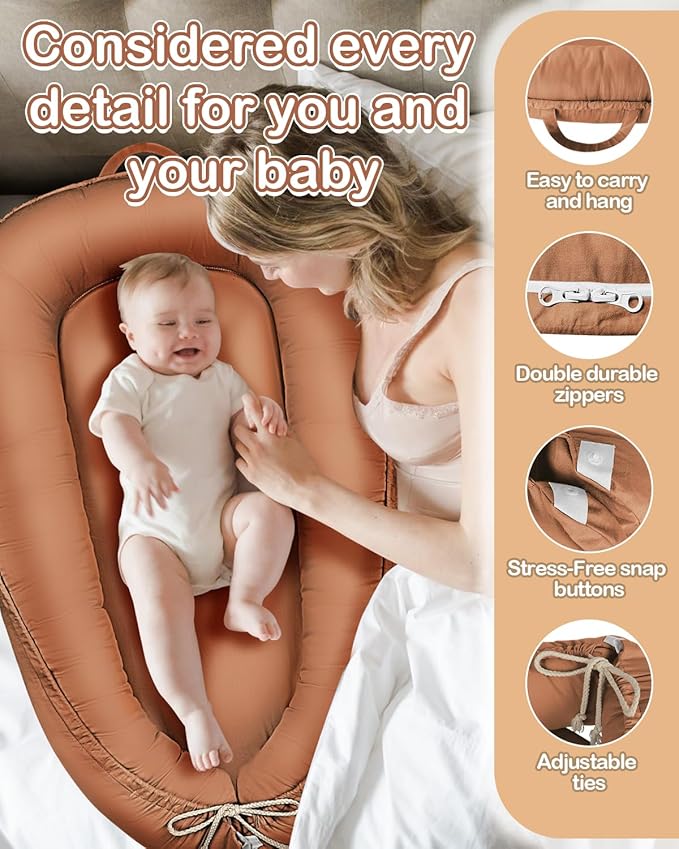 Baby Lounger - Infant Lounger for Newborn 0-24 Months, Pure Cotton Breathable Baby Nest Lounger Cover, Newborn Essentials for Baby Boys & Girls, Co Sleeper Portable Baby Bed for Home and Travel