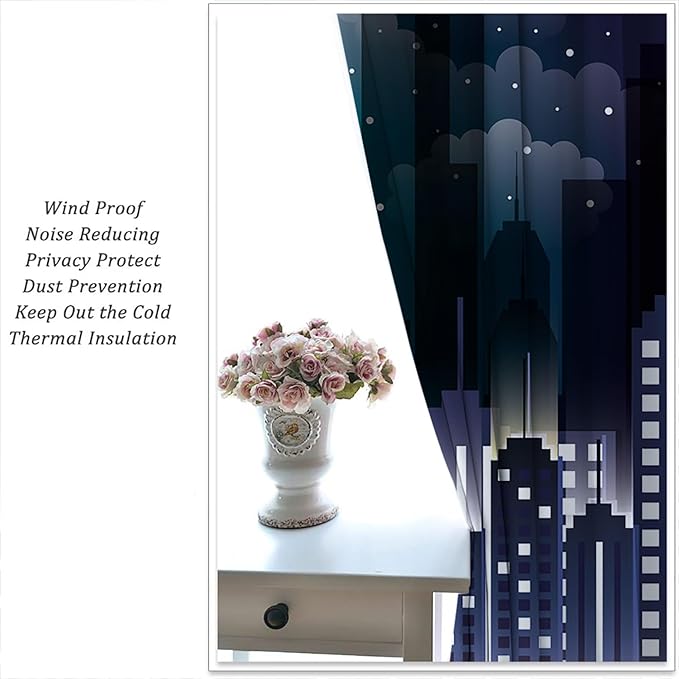 Superhero Rod Pocket Blackout Curtains for Boy Girl Bedroom, Violet Night Sky Buildings Cityscape Thermal Insulated Home Window Drapes for Living Room Darkening, 72x63 inch