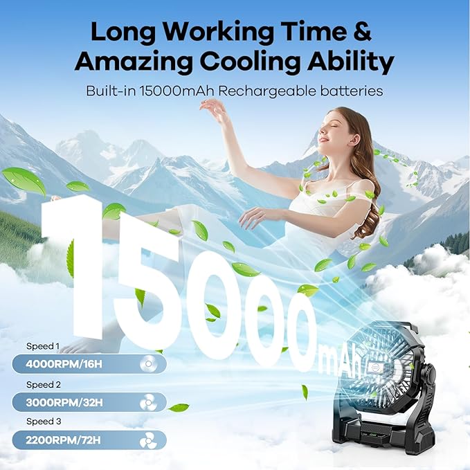 15000mAh Portable Battery Powered Camping Fan - with LED Light, Quiet Battery Operated, Camping Gear for Travel, Tent, Beach, Car or Hurricane Power Outages，Black