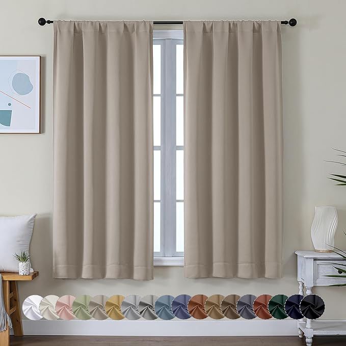 Simplebrand Ava Stone Blackout Curtains for Bedroom 63 Inch Length 2 Panels Set, Solid Thermal Insulated Energy Saving Rod Pocket Window Treatment Curtains Blackout Drapes, W40 x L63 Inch, Stone
