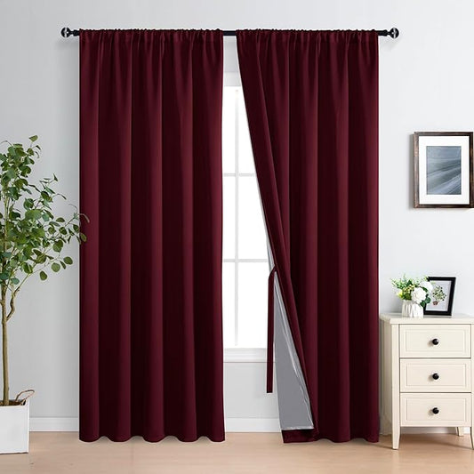 XWZO 100% Blackout Curtain Panels- Rod Pocket Thermal Insulated Black Liner Curtains, Noise Reducing and Heat Blocking Drapes for Hall and Studio Windows with Tiebacks, Burgundy, W70 x L84, Set of 2