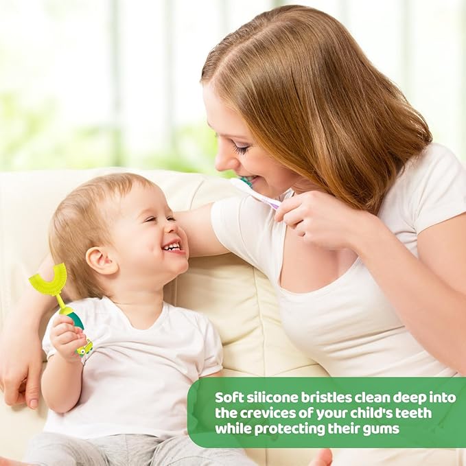 U-Shaped Toothbrush for Kids Ages 2-7， Soft Food-Grade Silicone for Sensitive Gums， 360° Teeth Cleaning Design，Training & Travel-Friendly Toddlers' Toothbrush (Yellow)