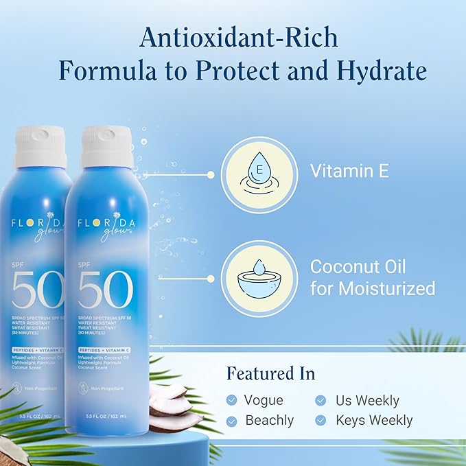 Florida Glow SPF 50 Sunscreen Spray- Hawaii 104 Reef Act & Florida Keys Compliant Broad Spectrum Water Resistant Sport Sun screen - Child Friendly PABA Free & Oxybenzone Free (5.5 Fl Oz 2-pack)