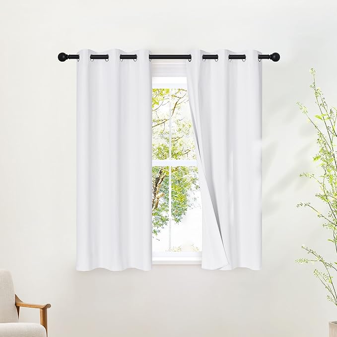 NICETOWN 100% Blackout White Curtains 48 inch Long, Grommet Thermal Window Treatment Full Blackout Curtains for Kitchen/Cafe, 2 Panels, W37 x L48